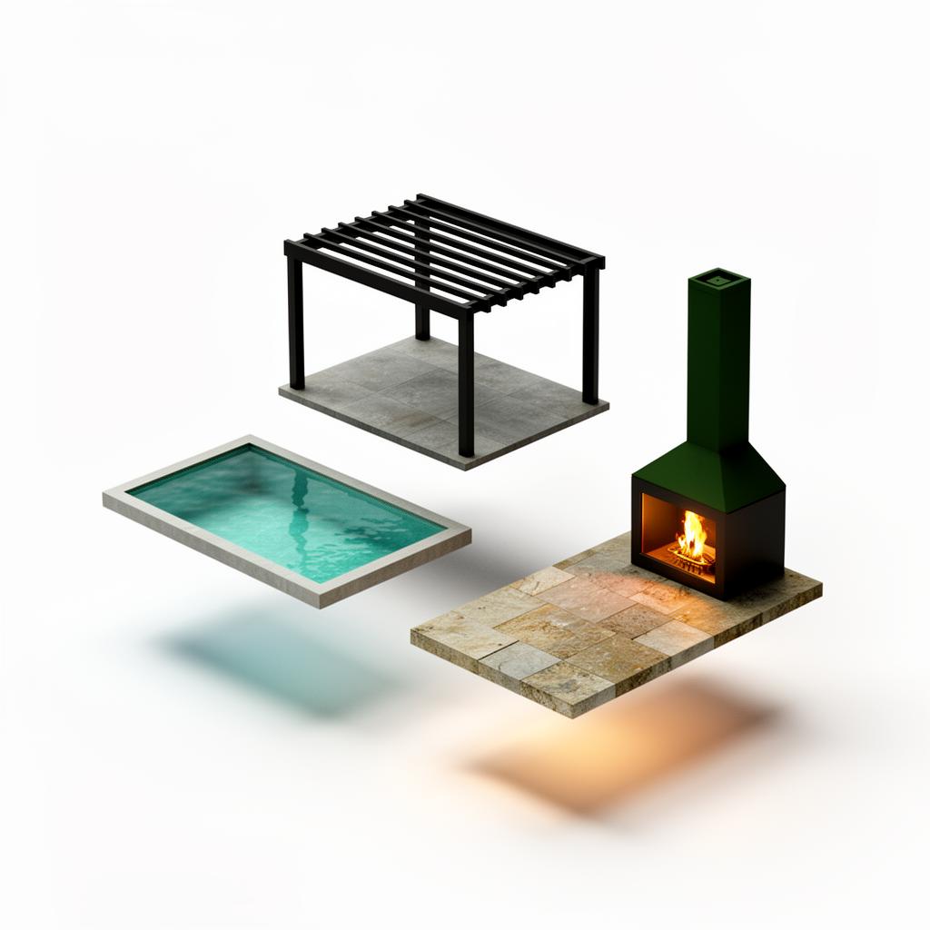 Luxury modern outdoor living composition with pergola, pool, and fireplace